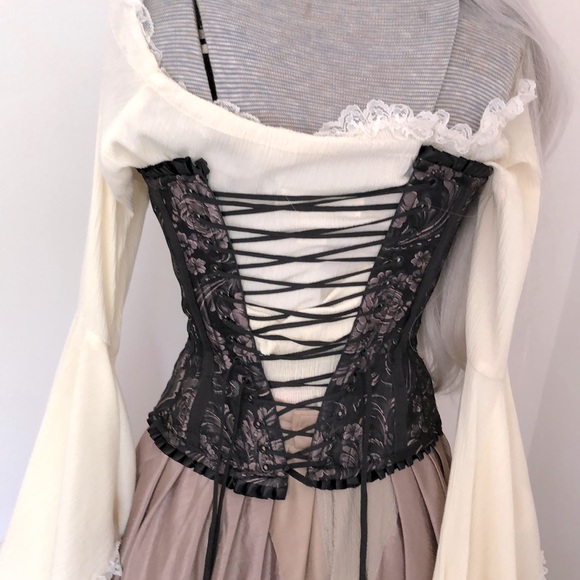 25” Overbust Corset Ruffle Black Pink Lilac Pattern Damask Jacquard Witchy Fairy - Picture 4 of 12